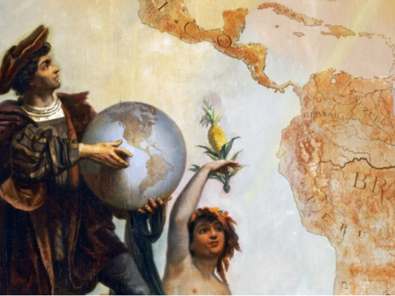 Artwork of Columbus beside a backdrop of a map/Photo by DeAgostini/Getty Images