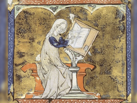 Illustration of Marie de France reading a book