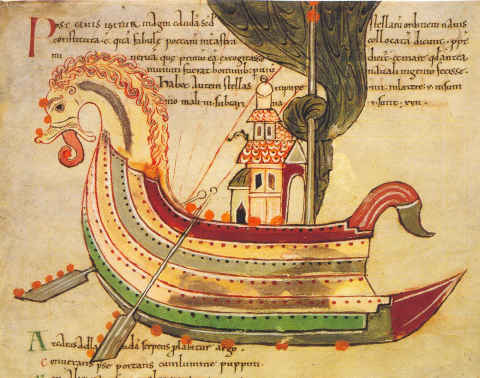 Illustration of a viking ship on Medieval text background